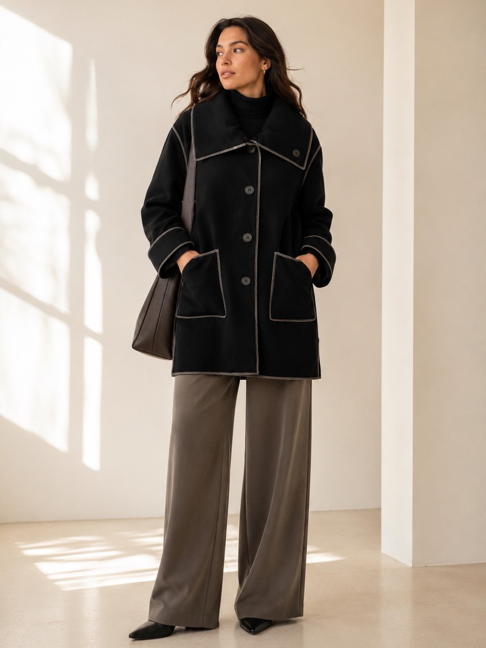 Vintage Lagenlook Midi Wool Coat Contrast Stitch Oversized Collar Statement Sz M